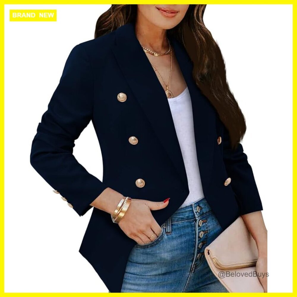 Long Sleeve Blazer Jacket Gold Buttons Open Front Work Office Casual